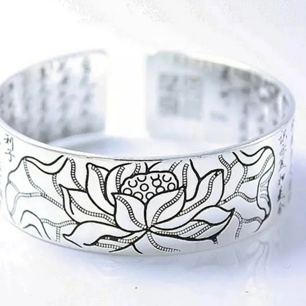Unisex‎ Large S999 Thai Pure Silver Lotus Cuff Bracelet, Adjustable